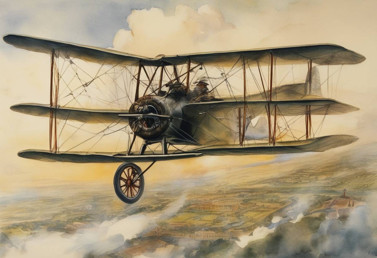 Watercolor painting based depiction of The U.S. Congress passes the Aviation Systems Act, which serves as a turning point for the regulation of civil aviation in the United States. (1914)
