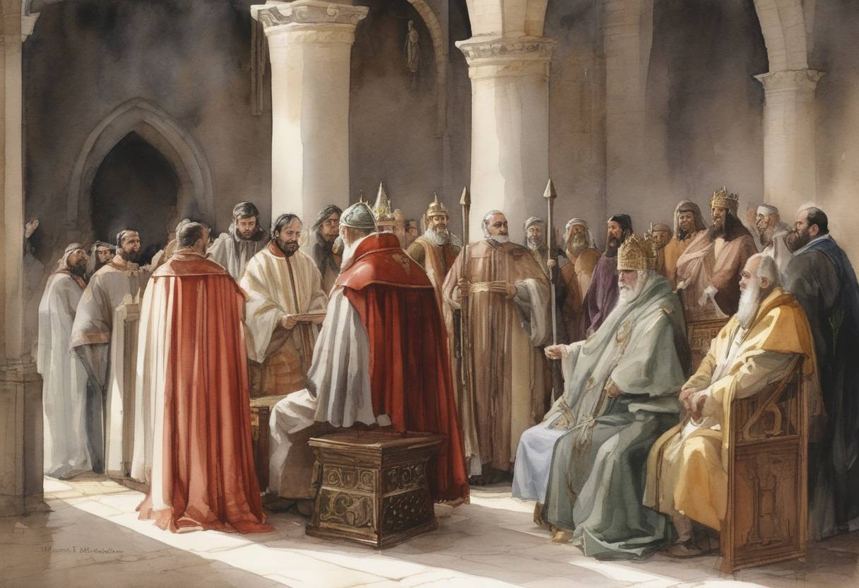 Watercolor painting based depiction of The Second Council of Toledo begins. This was an important synod of bishops in the Visigothic Kingdom, marking a significant moment in the religious and political history of early medieval Spain. (589)