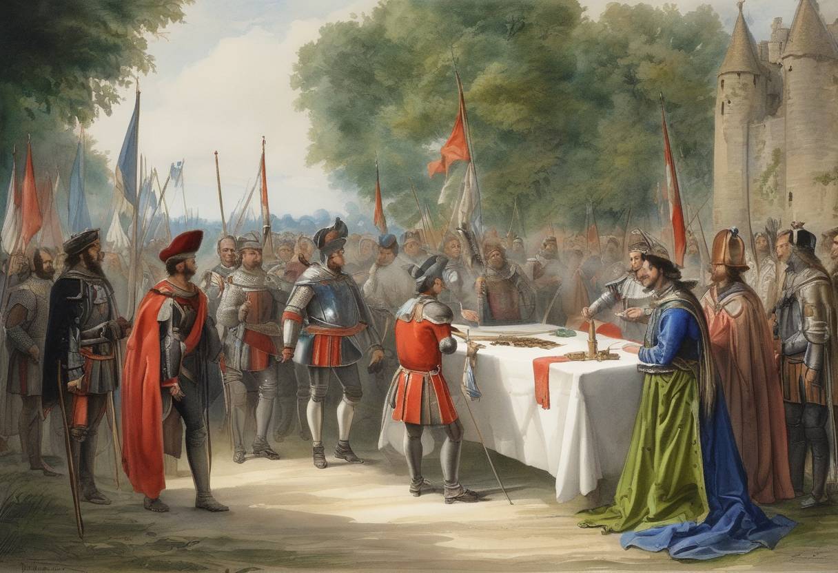 Watercolor painting based depiction of The Treaty of Guérande was signed, marking the end of the War of the Breton Succession. The treaty resulted in John IV being recognized as the Duke of Brittany by Charles V of France, with the promise of future homage to the French king, effectively restoring stability in the region. (1369)