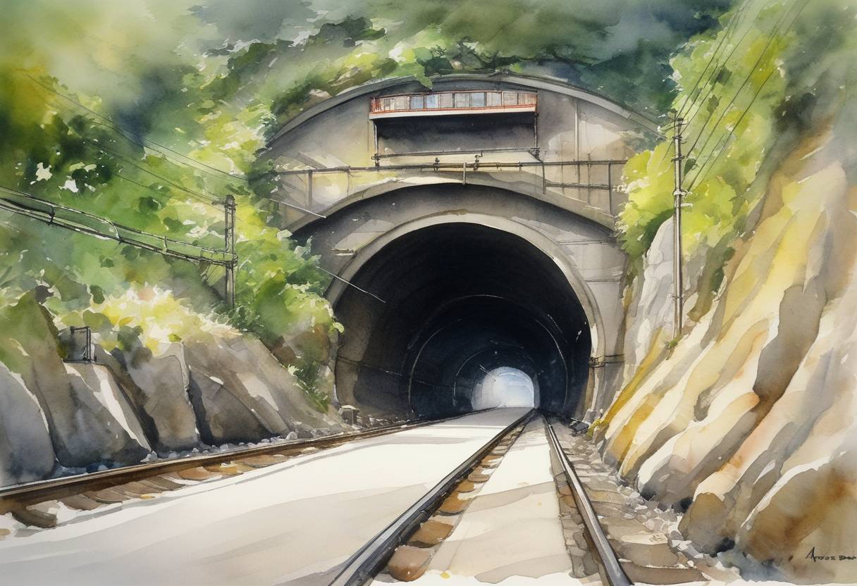 Watercolor painting based depiction of The Seikan Tunnel in Japan, which connects the islands of Honshu and Hokkaido, was officially opened, becoming the longest and deepest operational rail tunnel in the world at the time. (1988)