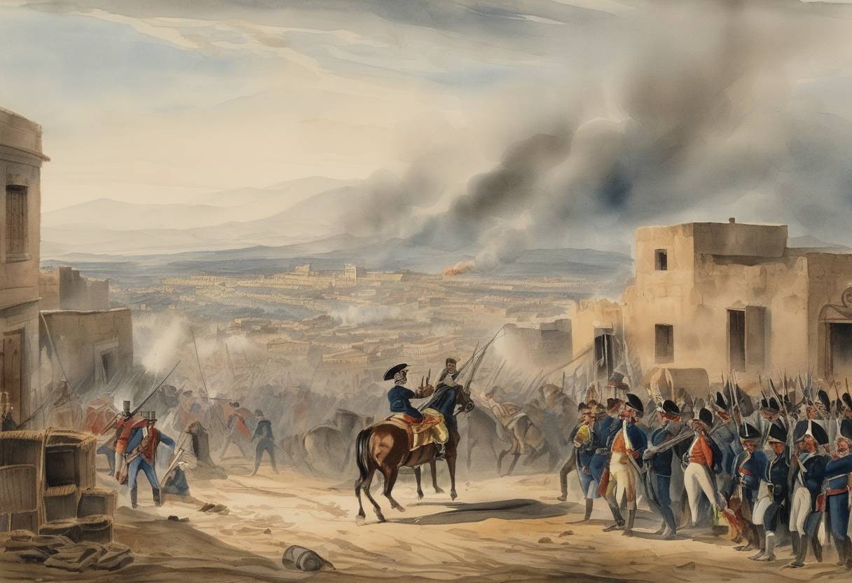 Watercolor painting based depiction of The Siege of Puebla during the Mexican-American War begins. (1847)