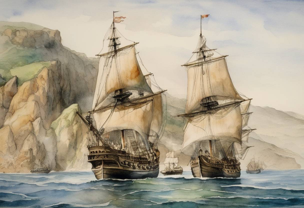 Watercolor painting based depiction of The expedition led by Spanish conquistador Juan Rodríguez Cabrillo was sighted sailing near the island of San Miguel, part of the Channel Islands off the coast of California. (1542)