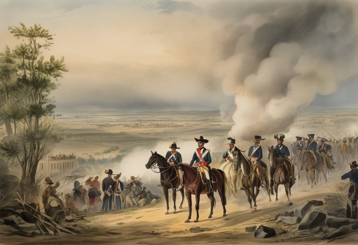 Watercolor painting based depiction of During the Mexican-American War, the US declared war on Mexico, formalizing their state of hostilities due to disputes over Texas and territorial expansion. (1846)