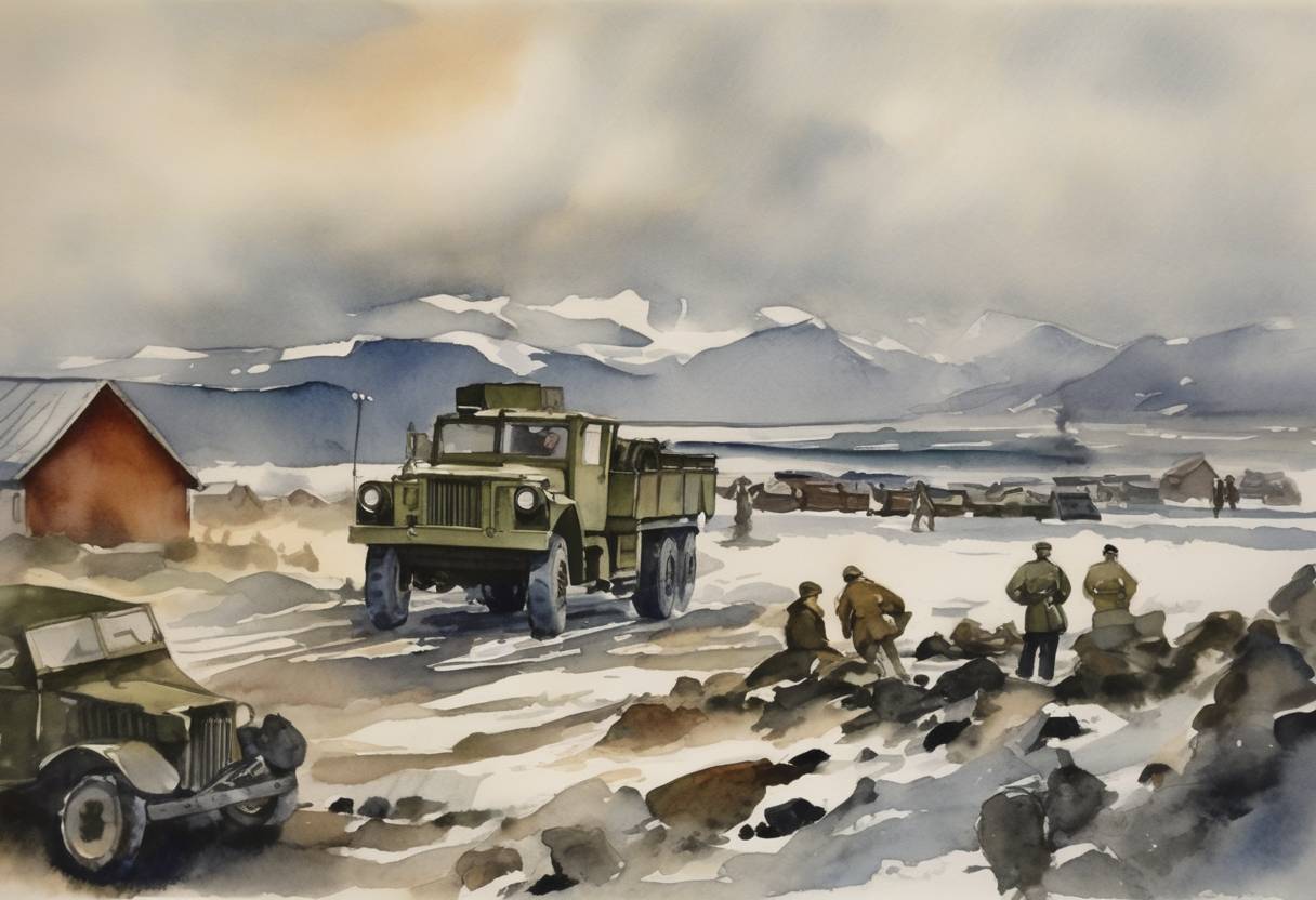 Watercolor painting based depiction of U.S. occupation forces landed in Iceland to ensure the nation's security during World War II. (1941)