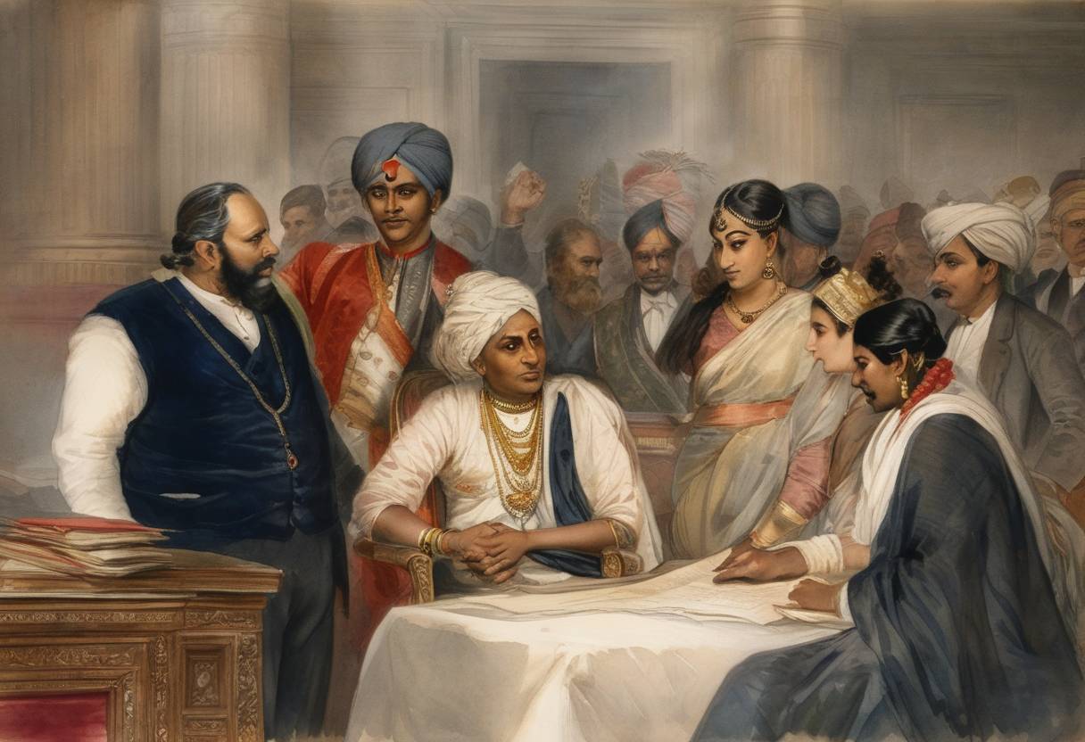 Watercolor painting based depiction of An act to reorganize the Indian Administration was passed in British India, aiming to improve efficiency in administration and justice. (1843)