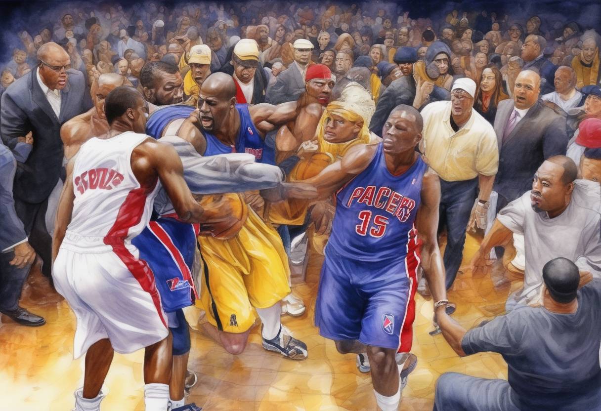 Watercolor painting based depiction of Malice at the Palace, a brawl between players and fans, occurs during an NBA game between the Indiana Pacers and the Detroit Pistons. (2004)