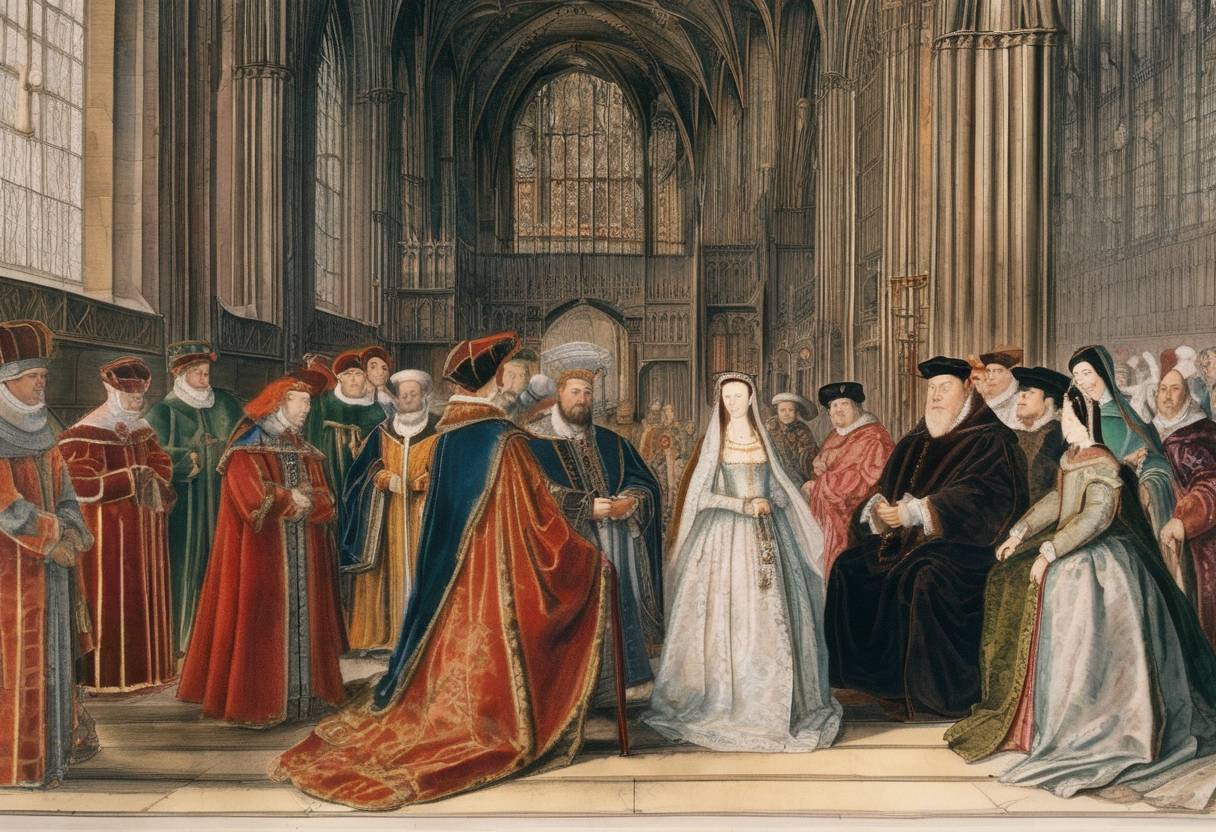 Watercolor painting based depiction of The Archbishop of Canterbury, Thomas Cranmer, declares the marriage between King Henry VIII and Anne Boleyn to be valid. (1533)