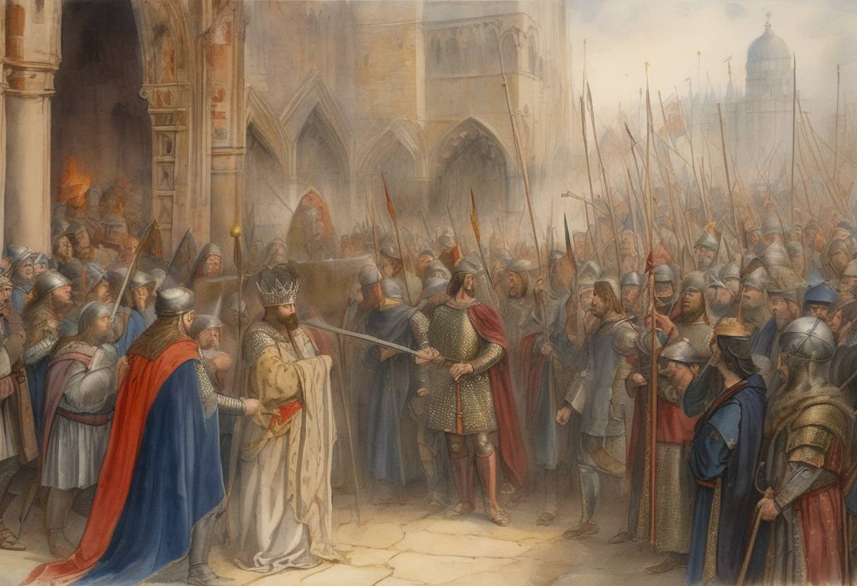 Watercolor painting based depiction of The Edict of Expulsion was issued by King Edward I, ordering the expulsion of all Jews from England. (1290)