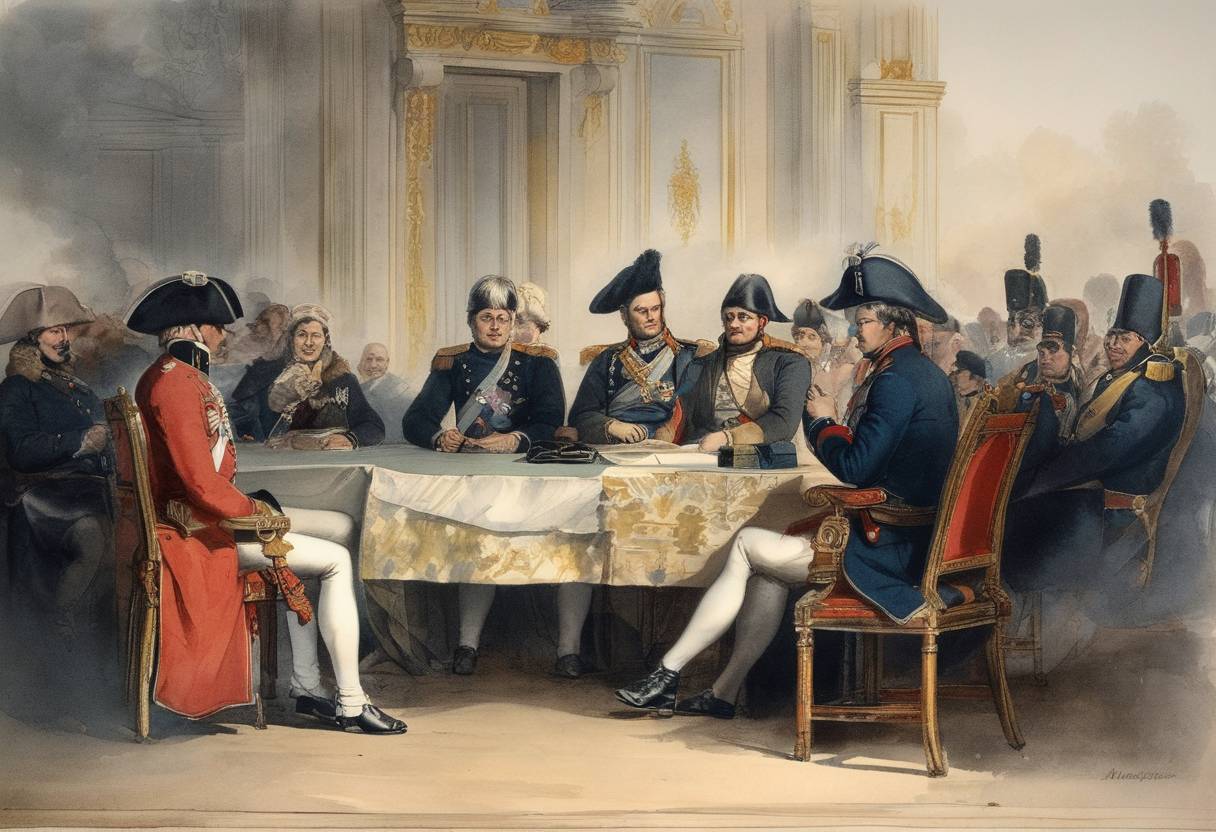Watercolor painting based depiction of The First Treaty of Tilsit was signed between Napoleon I of France and Tsar Alexander I of Russia, following Napoleon's decisive victory over the Russian and Prussian armies. (1807)