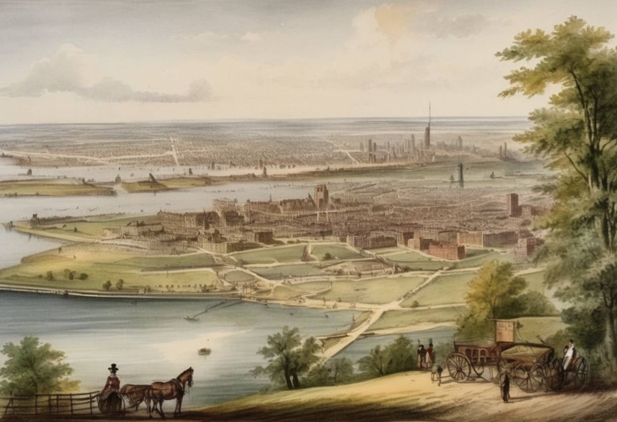 Watercolor painting based depiction of The city of Chicago was incorporated as a town. At its incorporation, the population was around 350, and it was located in what was then part of the Michigan Territory. Chicago would eventually develop into one of the largest cities in the United States. (1833)