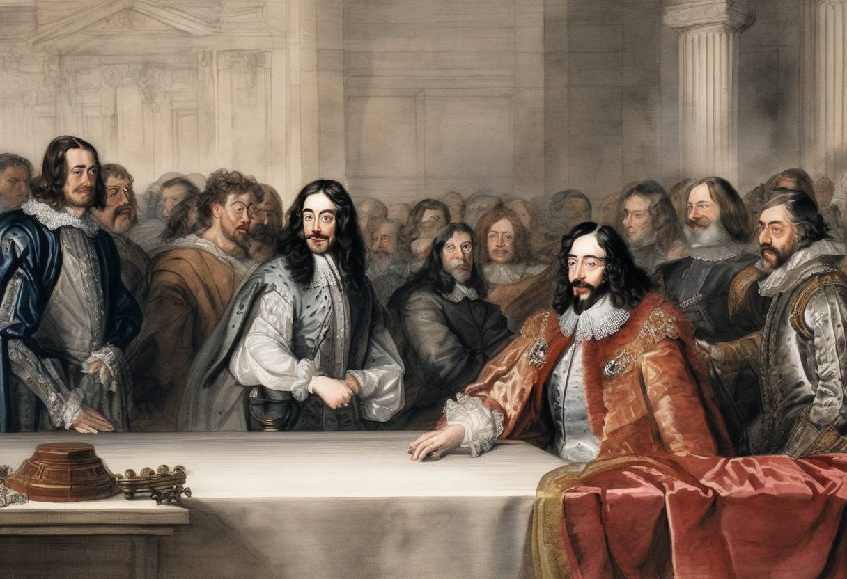 Watercolor painting based depiction of The trial of King Charles I of England began at the High Court of Justice in London. Charles I was charged with treason against England, marking the beginning of a pivotal moment in English history, leading to his eventual execution. (1649)