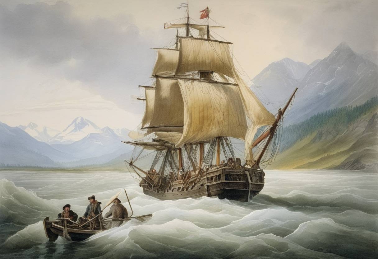 Watercolor painting based depiction of Russian explorer Gerasim Izmailov reaches Alaska during an expedition, expanding Russian claims in North America. (1788)