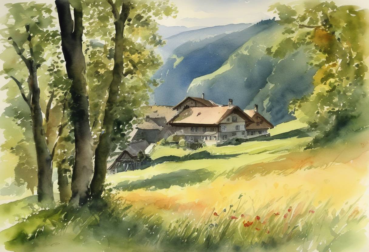 Watercolor painting based depiction of The Swiss Confederation, an alliance of several cantons, was formed under the Federal Charter. This marks a significant development in the establishment of Switzerland. (1291)