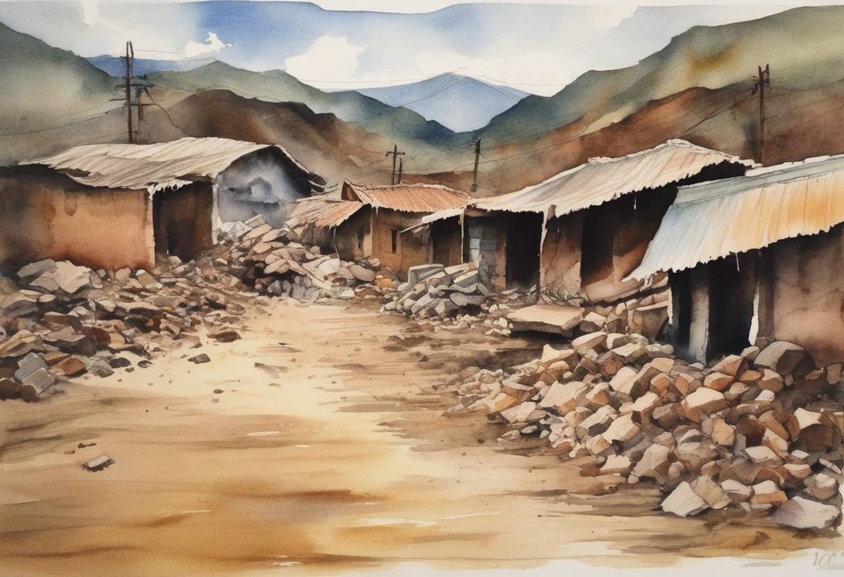 Watercolor painting based depiction of A magnitude 6.7 earthquake struck near the Bolivian town of Beni, causing destruction and raising awareness about seismic risks in the region. (1994)