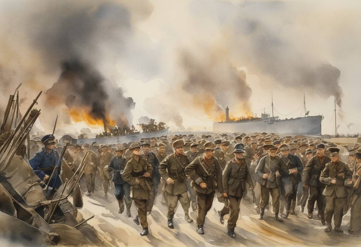 Watercolor painting based depiction of The first American troops of the American Expeditionary Forces (AEF) arrive in France during World War I. (1917)
