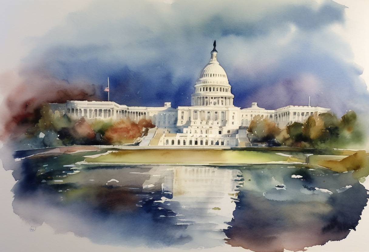 Watercolor painting based depiction of Congressional leaders in the United States announced a new bipartisan agreement that avoided the fiscal cliff. (2013)