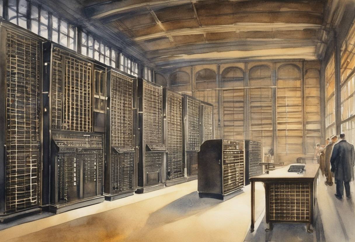 Watercolor painting based depiction of ENIAC, the first electronic general-purpose computer, is formally dedicated at the University of Pennsylvania in Philadelphia. (1946)