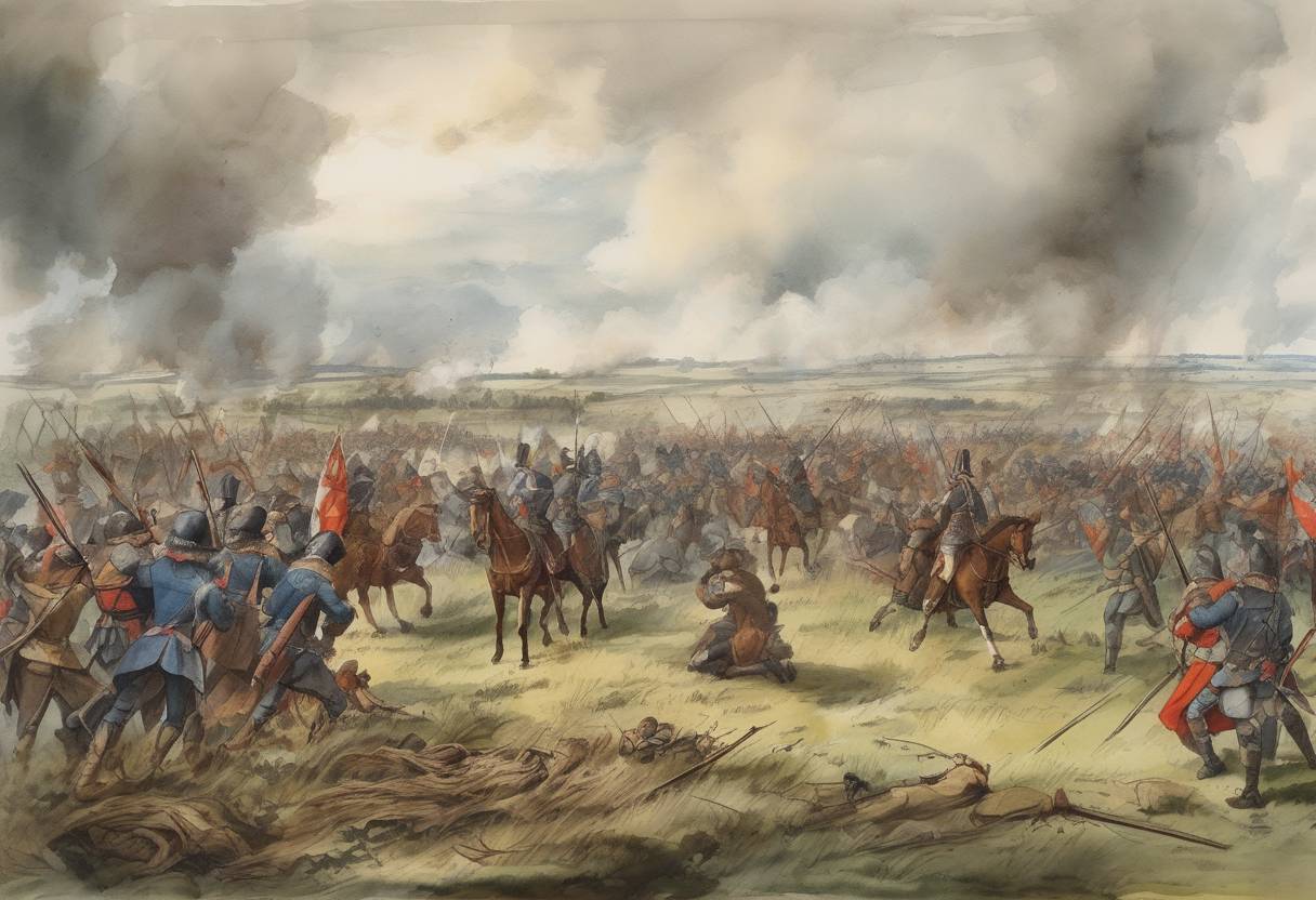 Watercolor painting based depiction of The Battle of Marston Moor took place during the English Civil War, resulting in a decisive victory for the Parliamentarians. (1644)
