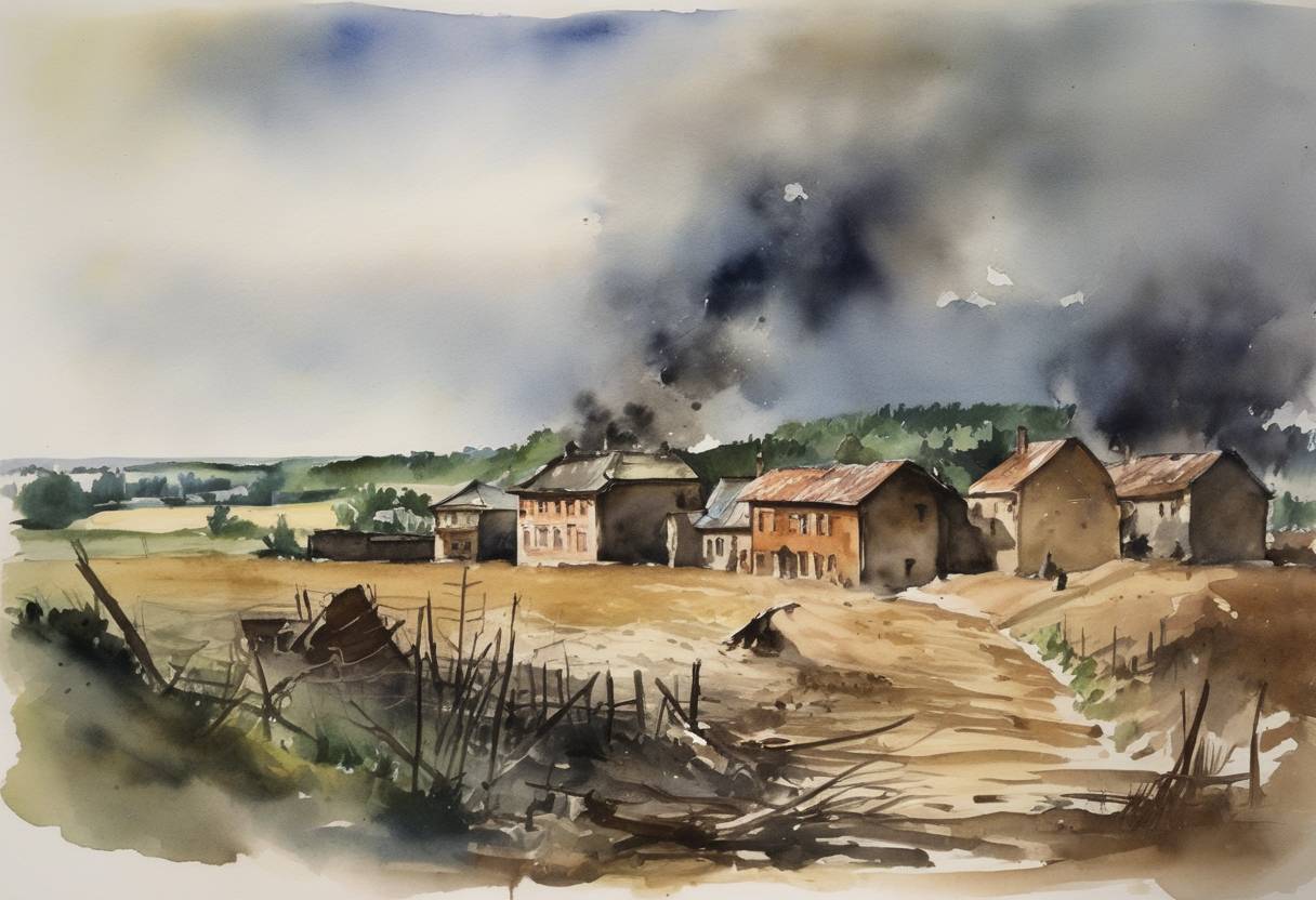 Watercolor painting based depiction of In a brutal reprisal for the assassination of Reinhard Heydrich, the Nazis destroyed the Czech village of Lidice. The village was burned, and its population was killed or sent to concentration camps, and the area was leveled. (1942)