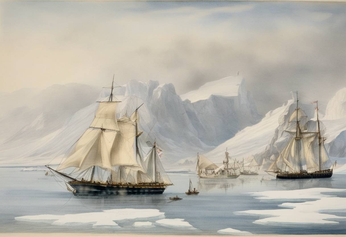 Watercolor painting based depiction of The British exploratory expedition led by Captain James Clark Ross discovered the Royal Company Islands in Antarctica during his expedition to the Southern Ocean. (1840)