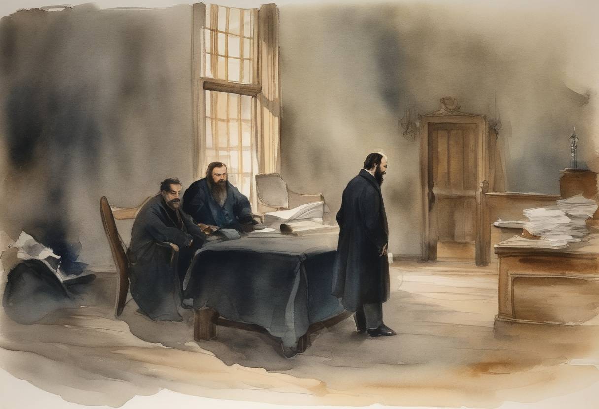 Watercolor painting based depiction of A Russian court sentenced Fyodor Dostoevsky to death for anti-government activities linked to a radical intellectual group; his sentence was later commuted to hard labor. (1849)