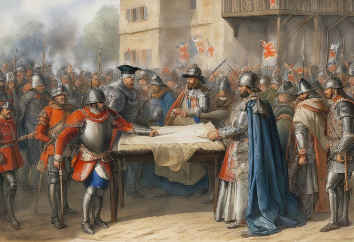 Watercolor painting based depiction of The Treaty of Brétigny, which concluded the first phase of the Hundred Years' War, was formally ratified and went into effect. This treaty was signed between King Edward III of England and King John II of France. As part of the treaty, England was granted extensive lands in France, greatly expanding its territories. (1360)