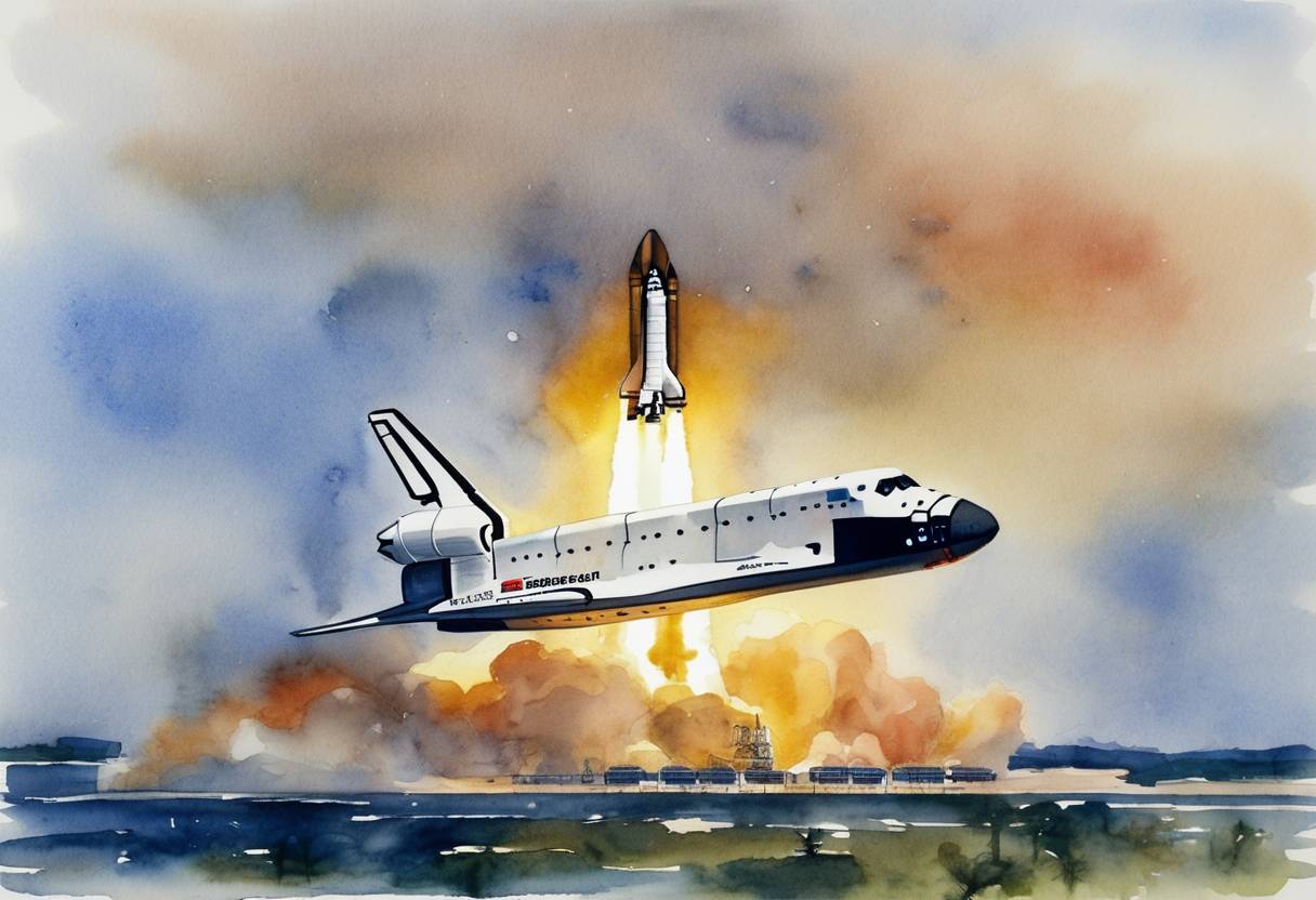 Watercolor painting based depiction of The Unity Module was launched aboard the Space Shuttle Endeavour, marking the first American module of the International Space Station. This was a significant step in international cooperation in space exploration. (1998)