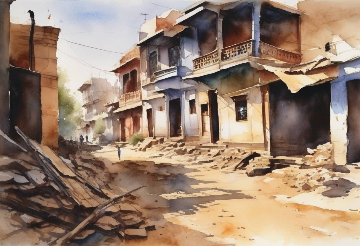 Watercolor painting based depiction of A massive earthquake struck the Gujarat region in western India, causing widespread devastation and loss of life. (2000)