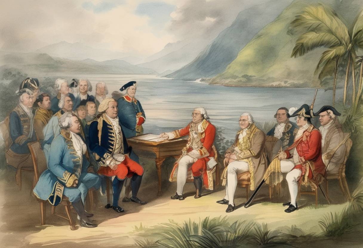 Watercolor painting based depiction of The Treaty of Cession was signed in which Kamehameha I ceded most of the island of Hawaii to Captain George Vancouver on behalf of Great Britain, although the terms were never ratified. (1777)