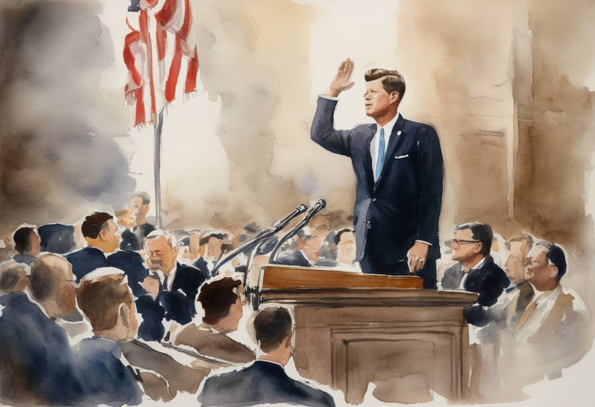 Watercolor painting based depiction of President John F. Kennedy delivered his famous "We choose to go to the Moon" speech at Rice University, outlining the United States' intention to land a man on the Moon before the end of the decade. (1962)