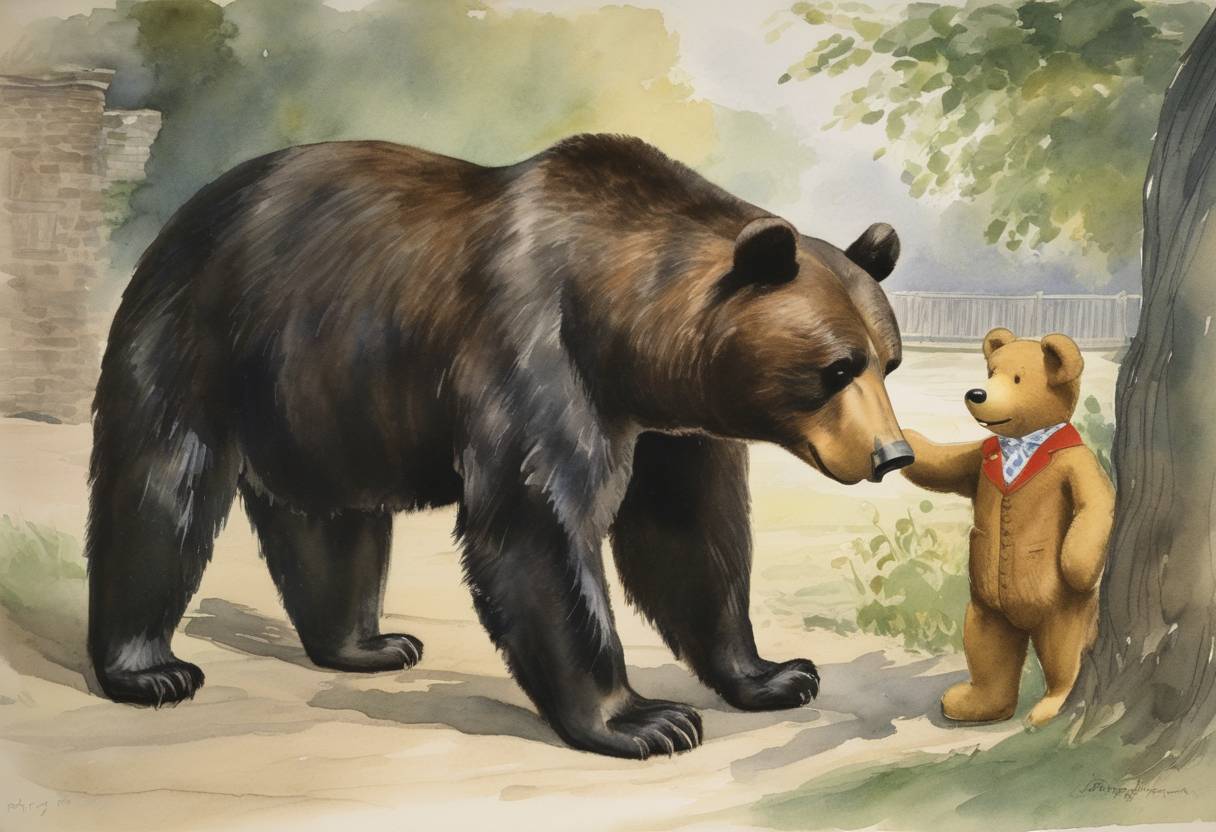 Watercolor painting based depiction of Signalman Harry Colebourn donates a bear named Winnipeg, or 'Winnie,' to the London Zoo. This bear would later inspire the character of Winnie the Pooh. (1939)