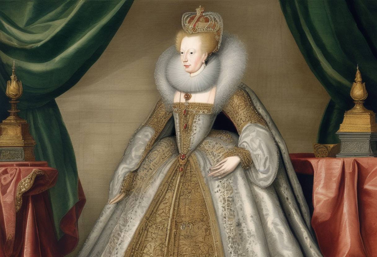 Watercolor painting based depiction of Anne of Denmark was crowned queen consort of Scotland. She was the wife of James VI of Scotland, who later became James I of England, marking the beginning of a union between the Scottish and English crowns. (1587)