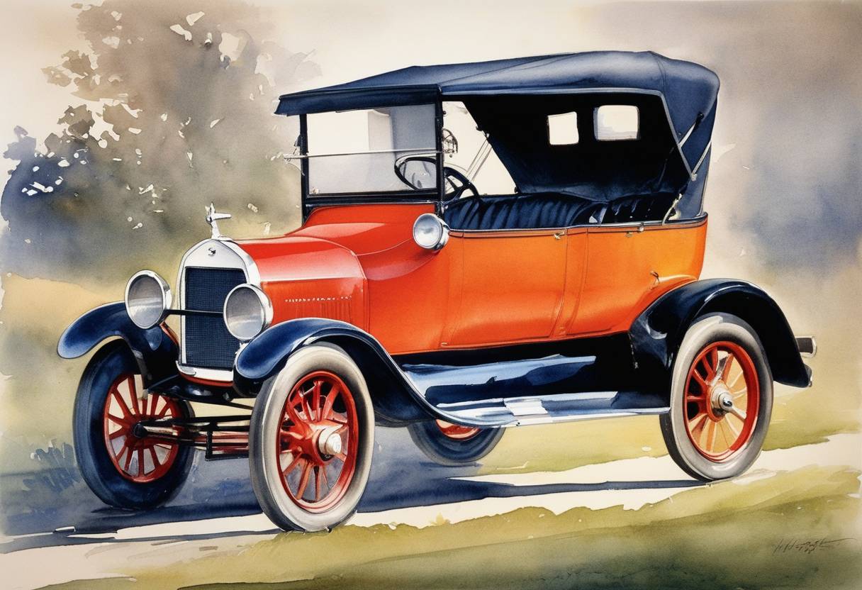 Watercolor painting based depiction of American automotive pioneer Henry Ford introduced the 40-hour work week at Ford Motor Company. (1923)