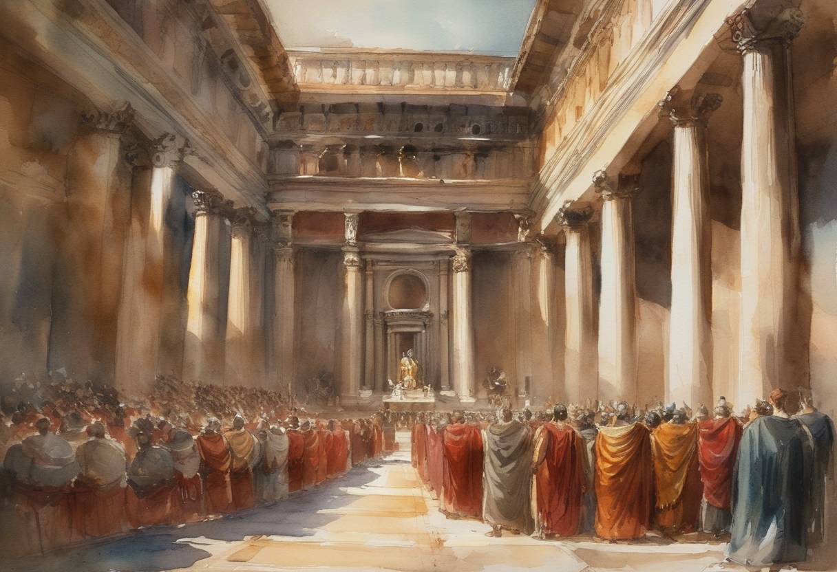 Watercolor painting based depiction of The Roman Senate declared Vespasian the Roman Emperor, marking the end of the Year of the Four Emperors. This event was significant as it stabilized the Roman Empire after a period of chaos following the death of Emperor Nero and set the stage for the rise of the Flavian dynasty. (69)