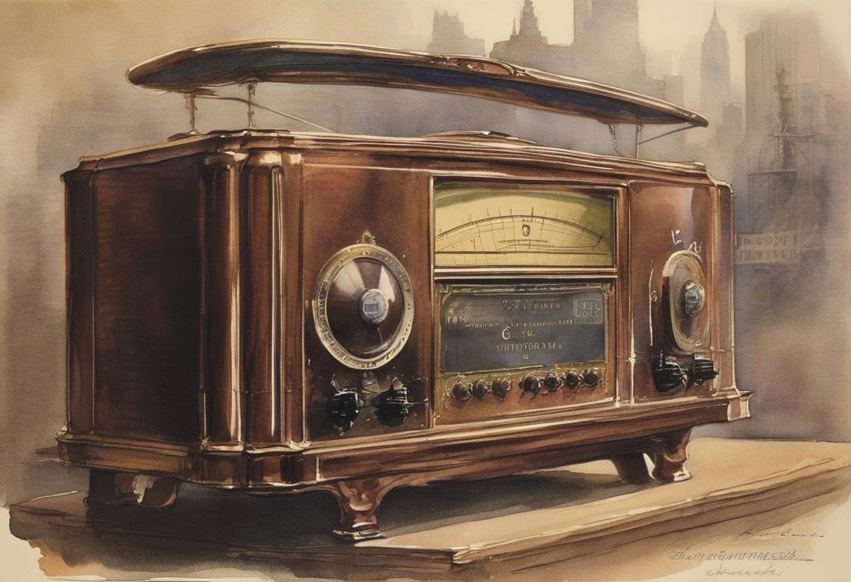 Watercolor painting based depiction of The first radio commercial, advertising for the Queensboro Corporation, airs on WEAF in New York. (1922)