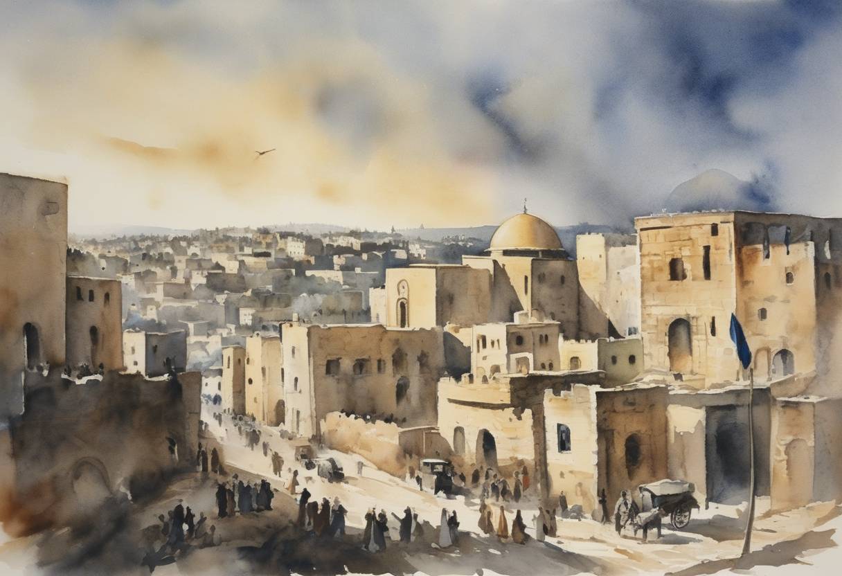 Watercolor painting based depiction of The 1947–48 Civil War in Mandatory Palestine erupted following the United Nations General Assembly's approval of the United Nations Partition Plan for Palestine, which aimed to create separate Jewish and Arab states. The first violence broke out, marking the beginning of a conflict that would eventually lead to the first Arab-Israeli war. (1947)