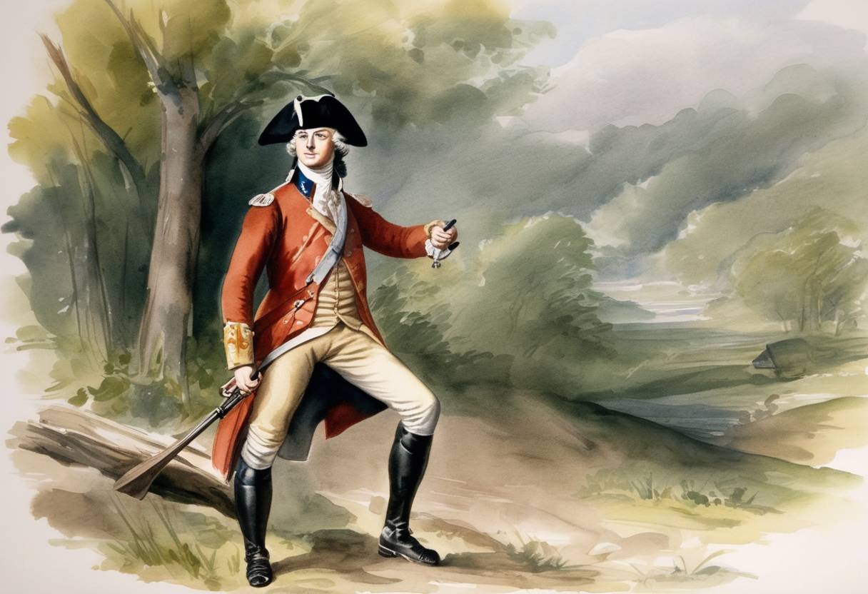 Watercolor painting based depiction of Nathan Hale, a soldier for the Continental Army during the American Revolutionary War, volunteered to spy behind British lines. His service provided crucial intelligence during this critical time for American independence. (1776)