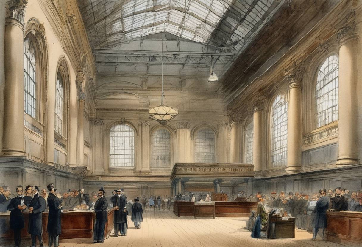 Watercolor painting based depiction of Toronto Stock Exchange is established. (1867)