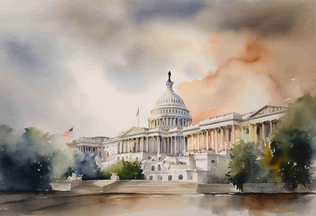 Watercolor painting based depiction of U.S. Congress passed a short-term funding bill to prevent a government shutdown, extending funding through December 3, 2021. (2021)