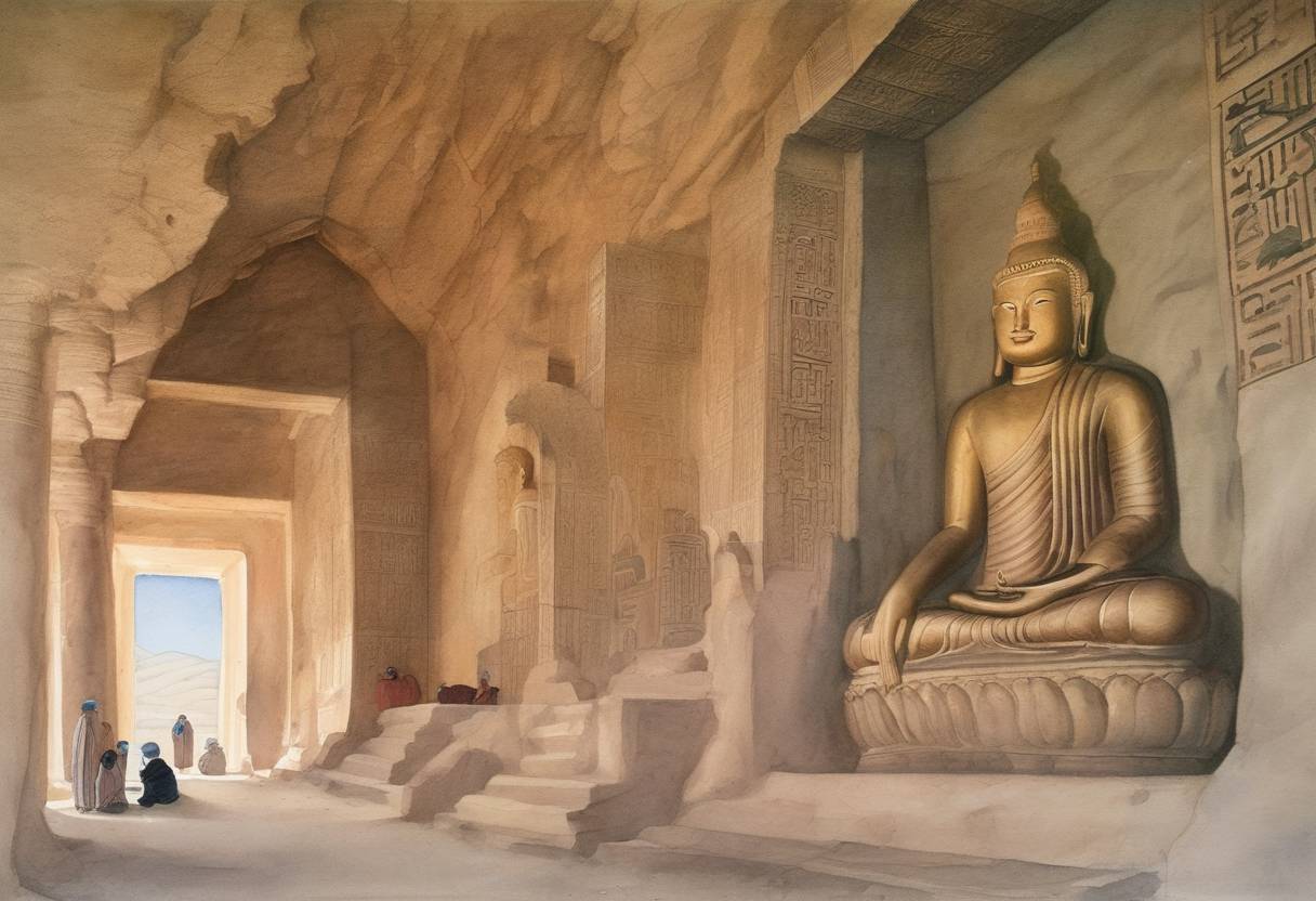 Watercolor painting based depiction of The iconic Persian and Mughal-style Buddhas of Bamyan in present-day Afghanistan were completed. They stood until 2001 when they were destroyed by the Taliban. (1703)