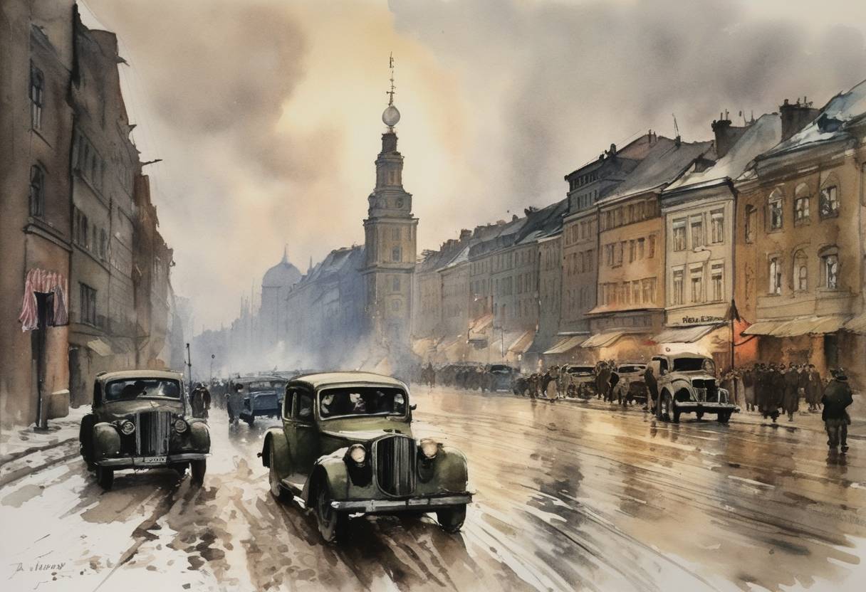 Watercolor painting based depiction of Warsaw's surrender in World War II is demanded by Germany, but the city refuses to surrender. (1939)