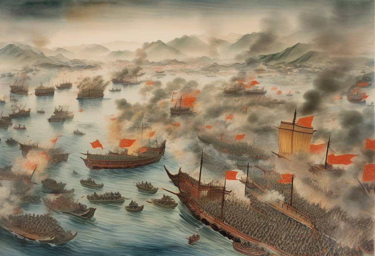 Watercolor painting based depiction of The Battle of Lake Poyang ended, one of the largest naval battles in history, where the forces of Zhu Yuanzhang defeated the Han forces of Chen Youliang in a struggle for supremacy over southern China during the late Yuan Dynasty. (1363)