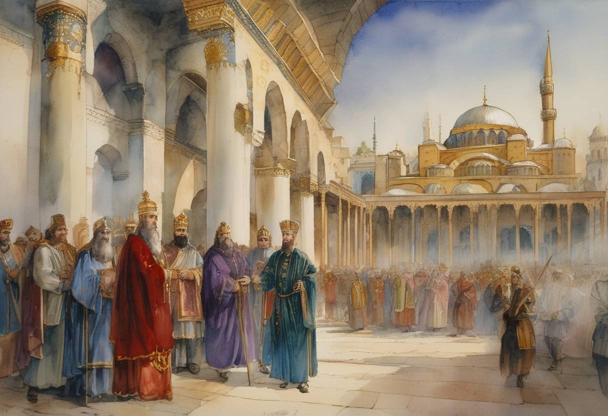 Watercolor painting based depiction of Michael IV, the Byzantine Emperor, dies. Following his death, his nephew Michael V is proclaimed emperor in Constantinople, marking a continuation of the Macedonian dynasty. (1041)