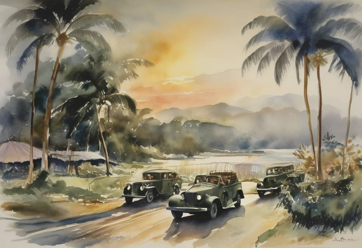 Watercolor painting based depiction of The United States and the Philippines signed a mutual defense treaty in Washington, D.C., which strengthened military cooperation between the two countries and solidified their strategic partnership during the early years of the Cold War. (1951)