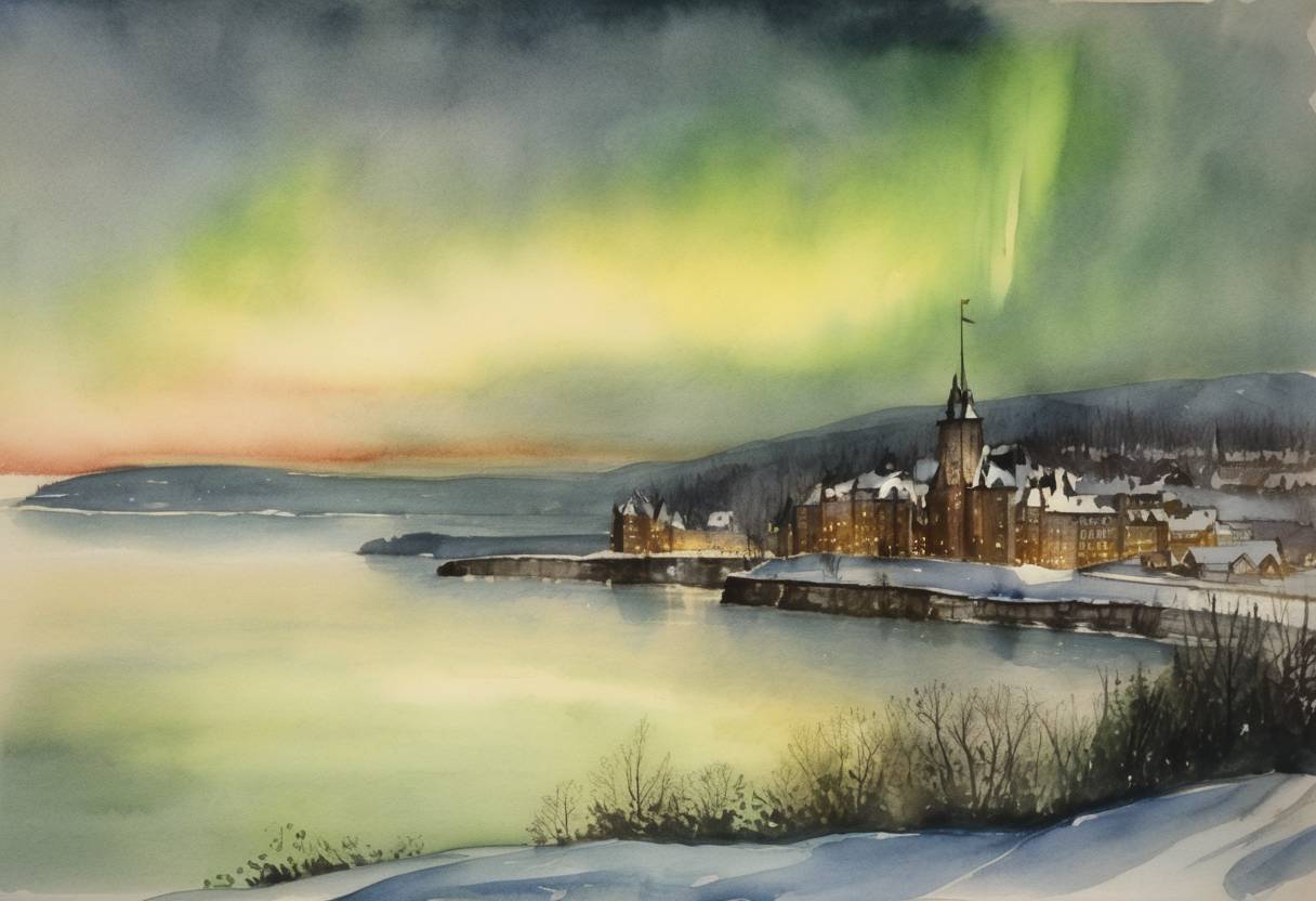 Watercolor painting based depiction of The first recorded sighting of the Aurora Borealis in North America was made by Europeans near Quebec City. (1719)