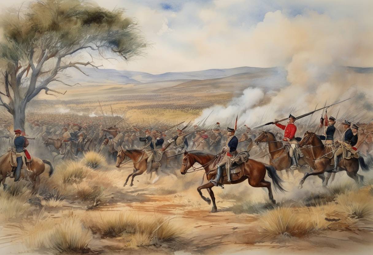 Watercolor painting based depiction of The Battle of Magersfontein concluded during the Second Boer War, marking a significant victory for the Boer forces over the British Army. (1899)