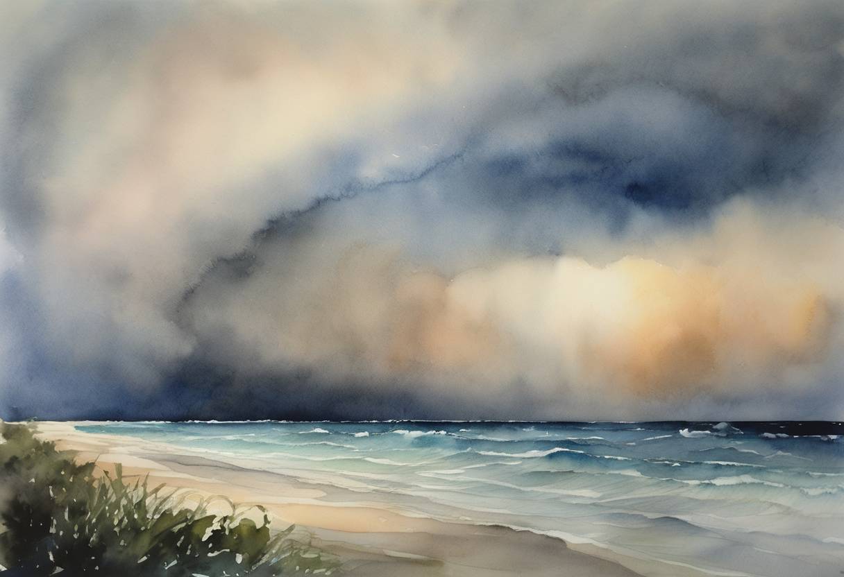 Watercolor painting based depiction of Hurricane Rita formed over the Bahamas as a tropical depression, eventually intensifying to become a Category 5 hurricane. It led to massive evacuations in Texas and Louisiana, less than a month after the devastation of Hurricane Katrina. (2005)