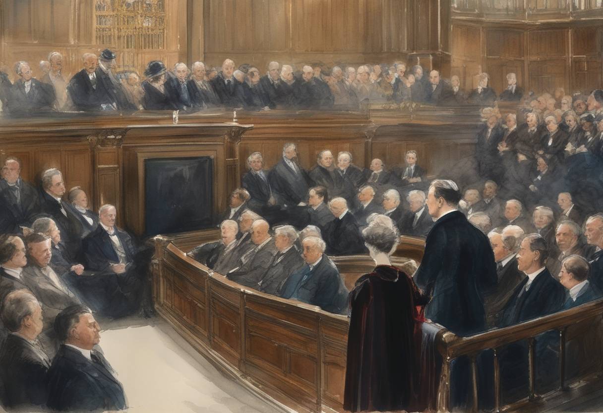 Watercolor painting based depiction of Lady Astor becomes the first woman to take her seat as a Member of Parliament in the British House of Commons, representing the Plymouth Sutton constituency. Her election marked a significant moment in women's political history in the UK, paving the way for future female politicians. (1919)