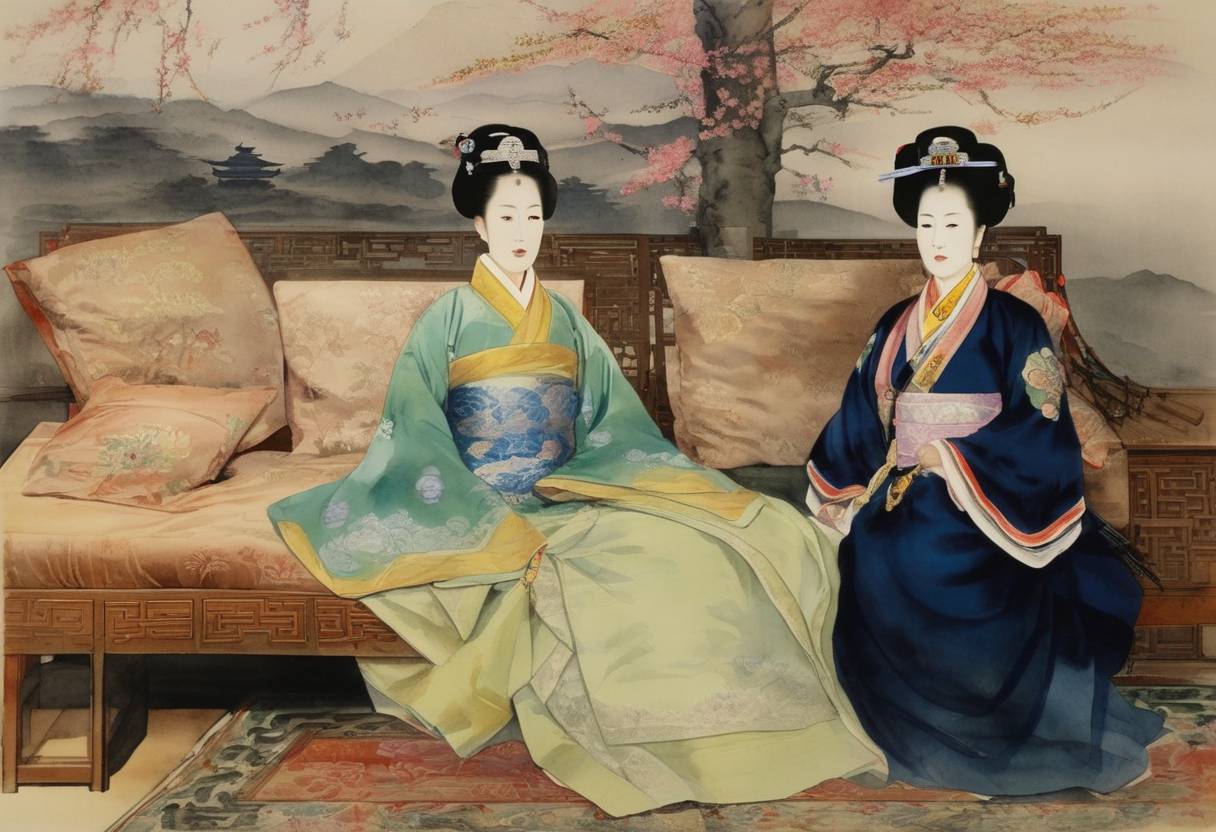 Watercolor painting based depiction of Korean Empress Myeongseong, also known as Queen Min, was assassinated at Okhoru Pavilion inside Gyeongbok Palace by Japanese agents, an event that sparked outrage and significantly influenced Korean-Japanese relations. (1895)