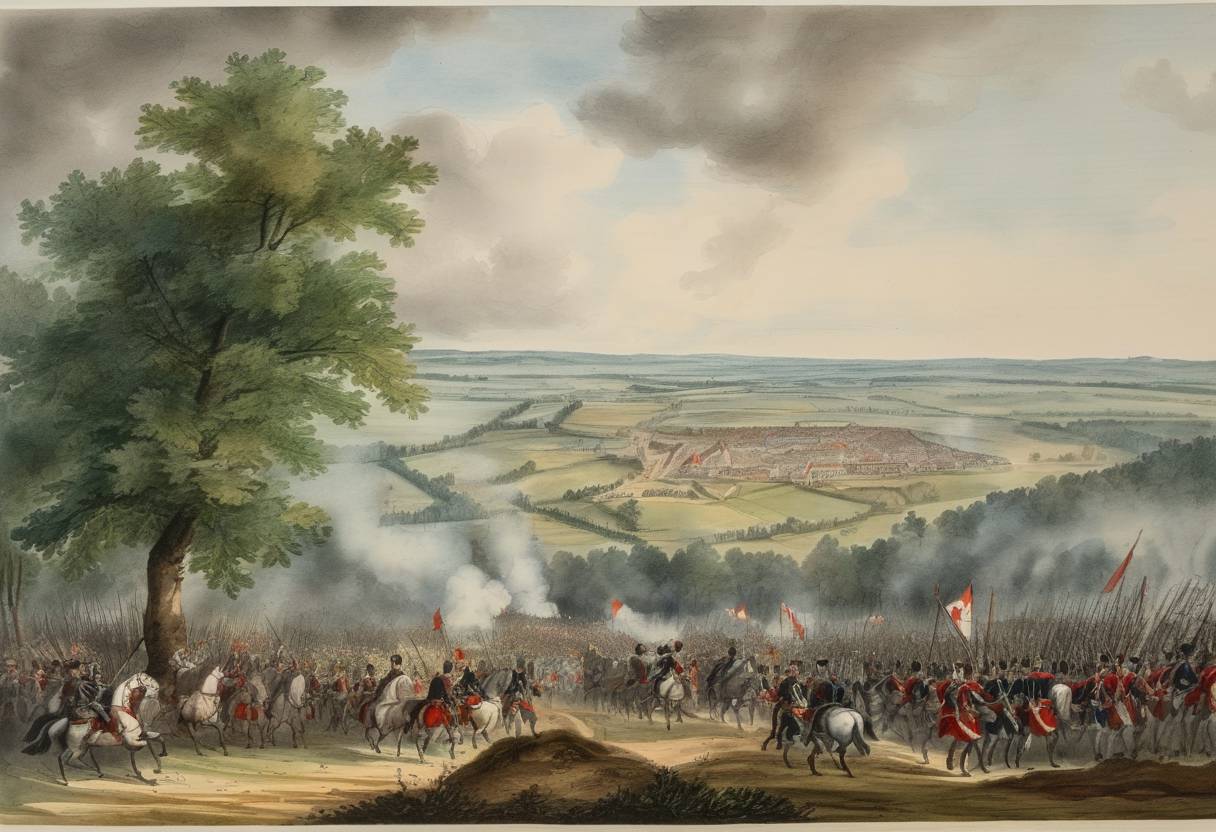 Watercolor painting based depiction of The Battle of Hochkirch takes place during the Seven Years' War, where Austrian forces under Marshal von Daun defeat the Prussian army led by Frederick the Great. (1758)